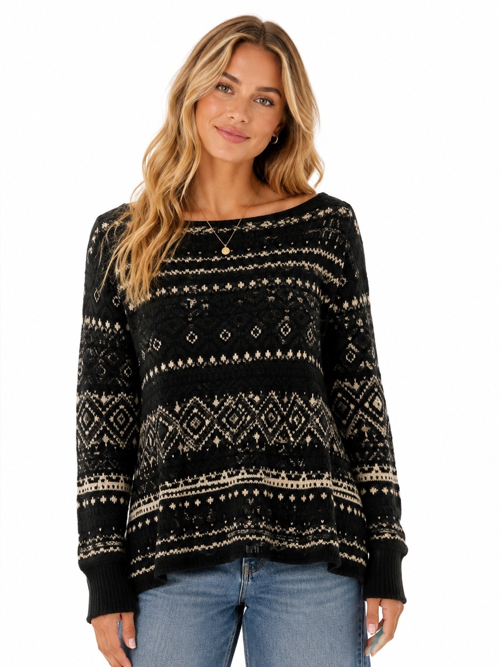 American Eagle Fair Isle Sweater Womens M Black Cream Cotton Nordic Cozy